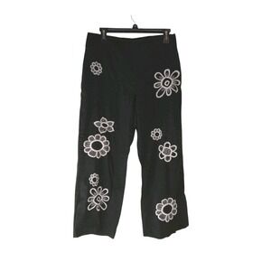 F.L. Malik Womens Cropped Pants Black Embroidered‎ Floral Straight Leg Size 6